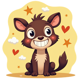 Cartoon dog smiling with stars, hearts, and clouds on a bright yellow background