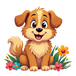 Cute cartoon dog with fluffy golden-brown coat sitting happily among colorful flowers in bright pink, blue, yellow.