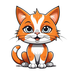 Cute cartoon cat with orange fur, white markings, and blue eyes sitting happily