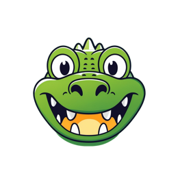 Friendly cartoon crocodile face with big smile and bright green colors, perfect for kids crafts and print-on-demand designs