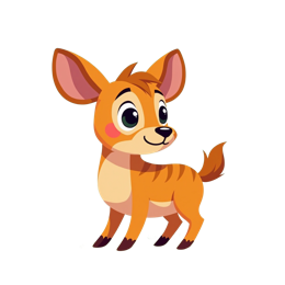 Cute cartoon dog with orange stripes standing in a bright flower field with green grass and blue sky
