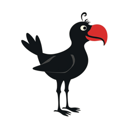 Playful cartoon bird with black body and bright red beak on light beige background