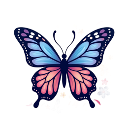 Colorful cartoon butterfly with blue and pink wings surrounded by yellow and pink flowers on a creamy background