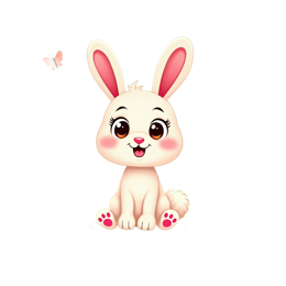 Cute cartoon bunny with pink ears sitting in a colorful flower field with butterflies in a bright meadow