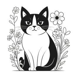 Black and white cartoon cat sitting among flowers SVG design for Cricut and Silhouette crafts