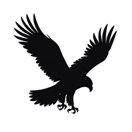 Bold black eagle bird silhouette with wings spread in flight on white background