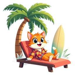 Cartoon orange cat in Hawaiian shirt relaxing on beach lounge chair with palm tree and surfboard in colorful summer scene