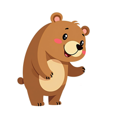 Cute cartoon baby bear with brown and cream colors smiling and waving on a light beige background