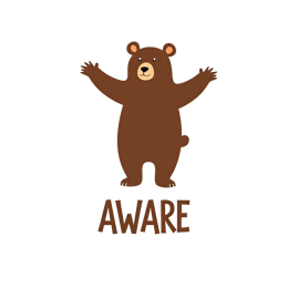 Cheerful cartoon brown bear with open arms and bold AWARE text on beige background