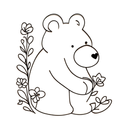 Cute cartoon bear holding a flower with black outlines and soft warm colors, ideal for kids crafts and print-on-demand.