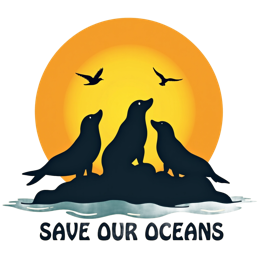Seal silhouette art with bright sun, birds, and calm ocean waves in a simple cartoon style