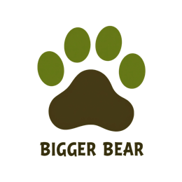 Simple bold bear paw print SVG with green and brown pads and Bigger Bear text on pale yellow background