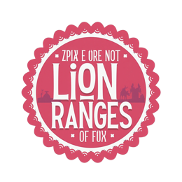 Circular pink wildlife badge with bold white lion ranges text and playful animal silhouettes in a scalloped border