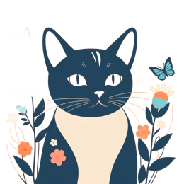 Cartoon black and white cat surrounded by colorful flowers and butterflies on a pink background