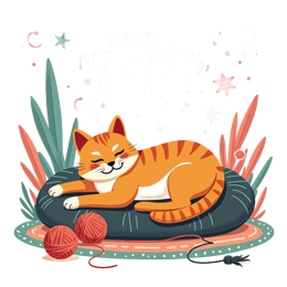 Cute orange cartoon cat lying on a pillow playing with red yarn balls surrounded by green plants and stars