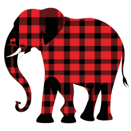 Stylized red and black plaid elephant graphic with large ears and tusks on a gray background