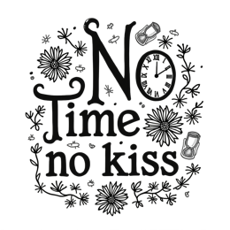 No Time No Kiss SVG with hand-drawn clock, flowers, and playful bold text in black and white