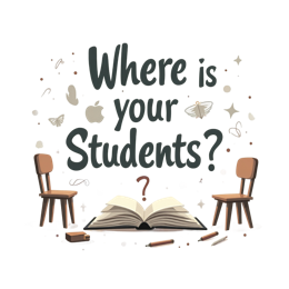 Cartoon education design with open book, wooden chairs, question mark, and bold text for classroom crafts