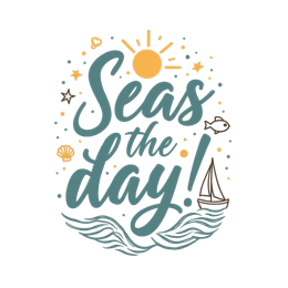 Seas the Day colorful SVG design with sun, waves, sailboat, seashell, and fish for summer crafts