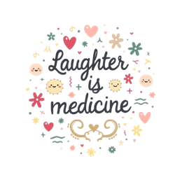 Colorful 'Laughter is Medicine' SVG with playful text, cartoon suns, hearts, flowers, and smiley faces on white background