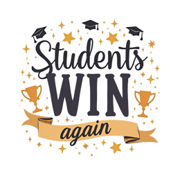 Students WIN Again SVG with gold trophies, graduation caps, stars, and celebratory text for education crafts