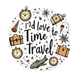 Colorful circular time travel design with clocks, suitcases, stars, and a green fish around bold text