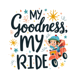 Colorful cartoon of happy boy riding orange scooter with playful stars and text My Goodness My Ride on white background