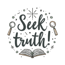 Seek Truth education SVG design with cursive text, magnifying glasses, and open book illustration in green and black