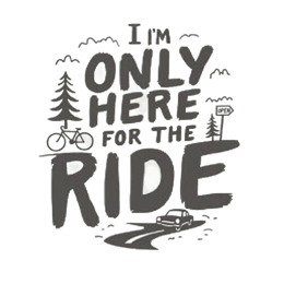 I'm Only Here For The Ride SVG with bicycle, trees, car, and winding road in black and white