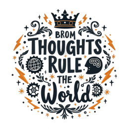 Thoughts Rule The World creative text design with brain, gears, globe, and spark elements in black, white, and orange