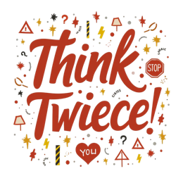 Think Twice SVG design with bright red and yellow letters, heart icon, and playful warning symbols in cartoon style