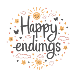 happy endings SVG PNG design with hand-drawn style, bold lettering, black and white floral elements