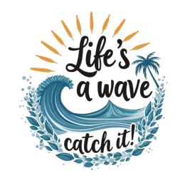 life's a wave catch it SVG PNG design with bold lettering, black and orange floral elements, an uplifting message