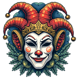 jester mask colorful SVG PNG design with clean design elements, white and red floral elements