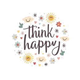 think happy SVG PNG design with hand-drawn style, bold lettering, white and pink floral elements