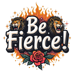 fierce lions roses floral SVG PNG design with bold lettering, orange and red floral elements