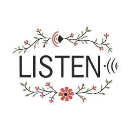 listen flower SVG PNG design with bold lettering, black and white floral elements