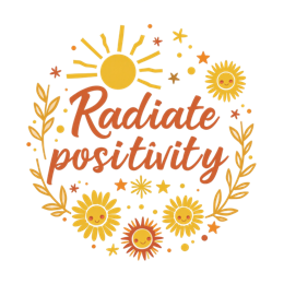 radiate positivity sunshine SVG PNG design with hand-drawn style, white and orange floral elements, an uplifting message