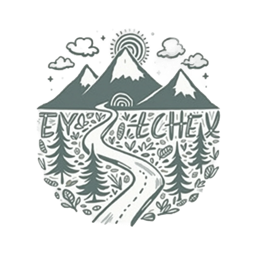 mountains pathway SVG PNG design with hand-drawn style, red floral elements