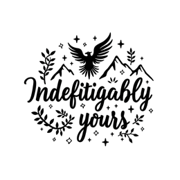 indefatigably yours SVG PNG design with black and white floral elements, an uplifting message