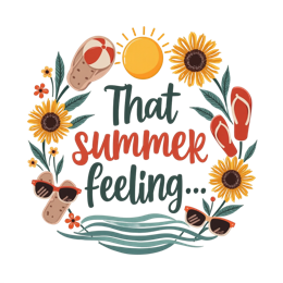 summer sunflowers flipflops SVG PNG design with bold lettering, red and green floral elements