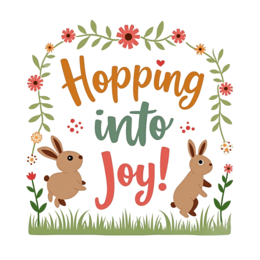 hopping bunnies flowers floral SVG PNG design with orange and pink floral elements