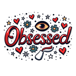 obsessed illustration SVG PNG design with bold lettering, red and blue floral elements