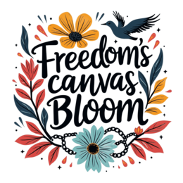 freedom bloom SVG PNG design with hand-drawn style, bold lettering, black and orange floral elements
