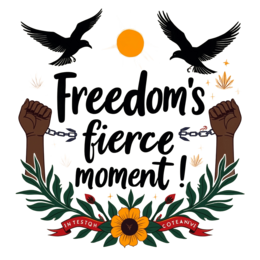 freedom moment declaration sunflower SVG PNG design with bold lettering, black and red floral elements, an uplifting message