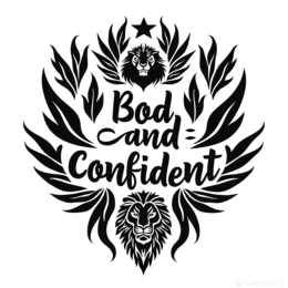 confident lion SVG PNG design with bold lettering, black and white floral elements