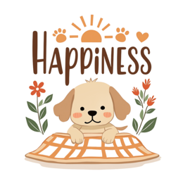 happiness puppy SVG PNG design with bold lettering, orange and green floral elements
