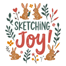 bunnies sketching SVG PNG design with bold lettering, white and red floral elements