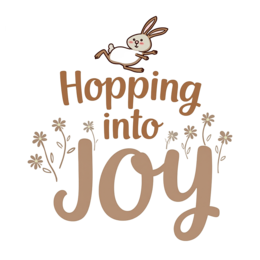 hopping bunny joy SVG PNG design with bold lettering, white and red floral elements