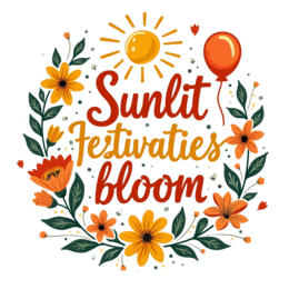 sunlit festivities bloom SVG PNG design with bold lettering, orange and red floral elements